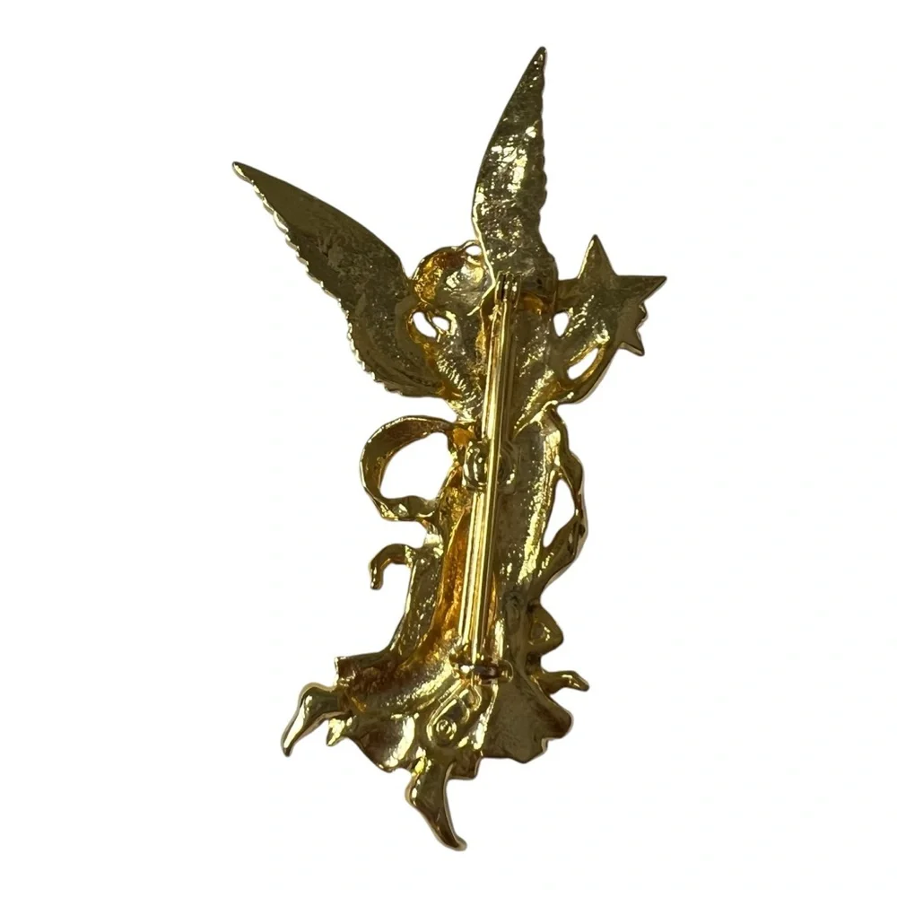 JJ Jonette Vintage Gold Tone Angel With Star and Faux Moonstone Brooch Pin